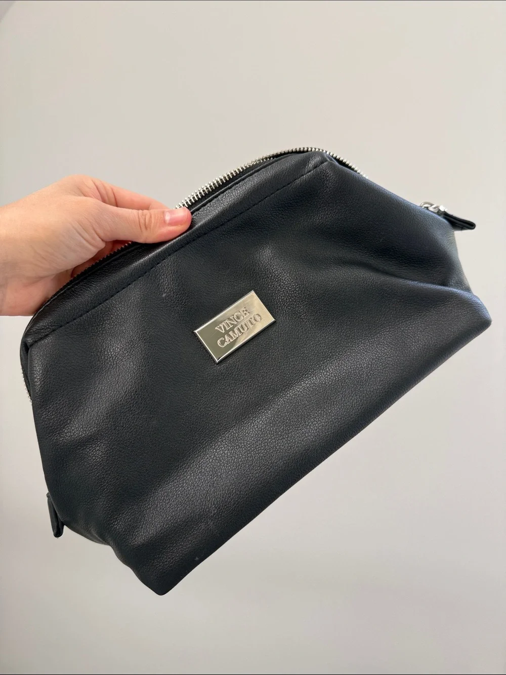 Vince Camuto Black Pebbled Leather Zip Cosmetic Toiletries Case